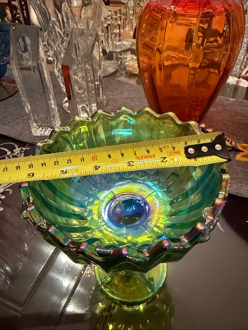 Vintage Lotus Blossom Green Carnival Glass Iridescent Compote - Picture 7 of 7